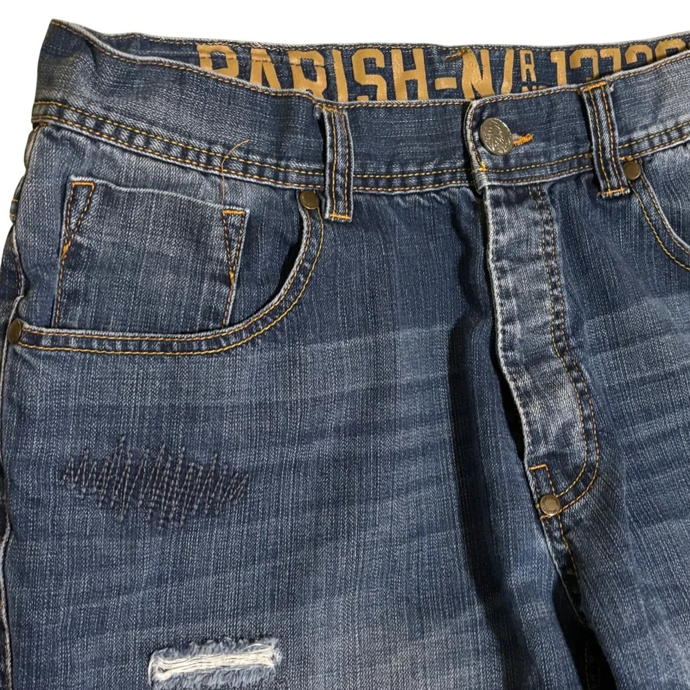 Parish Nation Mens Distressed Denim Shorts Blue Size 36 Raw Hem Embroidered‎
